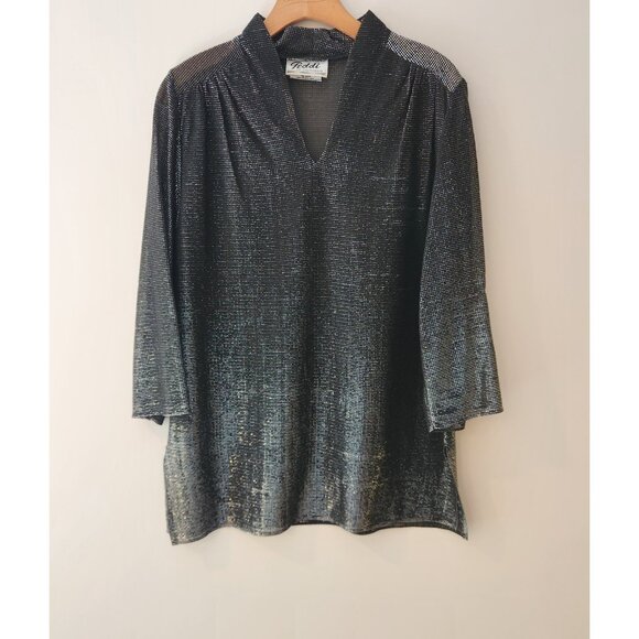 Vintage Teddi of California Black Silver Metallic Tunic V-Neck Disco Size 12 - Picture 2 of 14